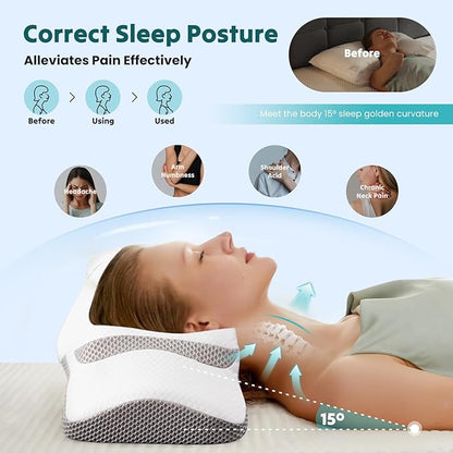 Sweetcrispy Cervical Pillow for Neck and Shoulder,Contour Memory Foam Pillow,Ergonomic Neck Support Pillow for Side Back Stomach Sleepers with Pillowcase, White & Grey