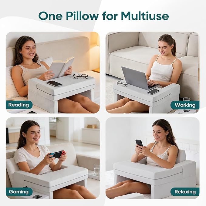 DUMOS Reading Pillow for Gaming with Ergonomic Arm Rests, Memory Foam Lap Desk for Laptop, Support Pillow with Side Pockets for Reading, Writing, Working, Gaming on Bed, Couch or Floor