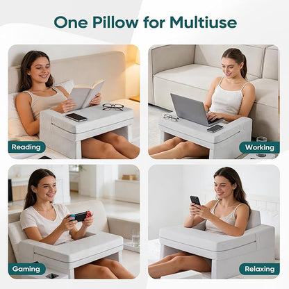 DUMOS Reading Pillow for Gaming with Ergonomic Arm Rests, Memory Foam Lap Desk for Laptop, Support Pillow with Side Pockets for Reading, Writing, Working, Gaming on Bed, Couch or Floor
