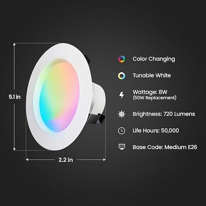 Feit Electric 4 Inch Smart Recessed Lights, Color Changing and Tunable White, 2.4GHz WiFi Retrofit LED Downlight E26 Base, Dimmable, 4 Pack, LEDR4/RGBW/AG/4