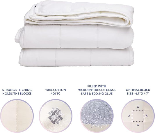 SLEEP & GLOW Cooling Weighted Blanket Premium 400 TC Cotton with Glass Beads & No Glue All Season Breathable Heavy Blanket - 15 LBS Twin Size 64” x 90” (White)