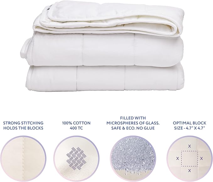 SLEEP & GLOW Cooling Weighted Blanket Premium 400 TC Cotton with Glass Beads & No Glue All Season Breathable Heavy Blanket - 10 LBS Single Size 48” x 72” (White)