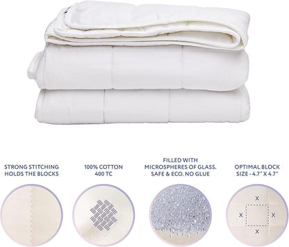 SLEEP & GLOW Cooling Weighted Blanket Premium 400 TC Cotton with Glass Beads & No Glue All Season Breathable Heavy Blanket - 20 LBS Queen Size 90” x 90 (White)