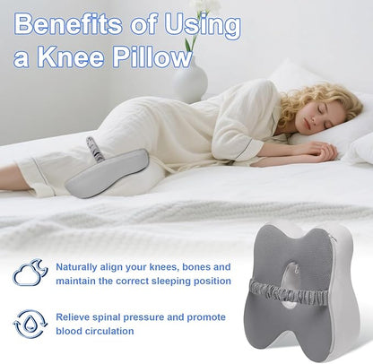 Knee Pillow for Side Sleepers Memory Foam Sciatica Pain Relief Leg Pillow, Removable Breathable Cover & Elastic Strap Grey