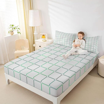 Grids Boys Girls Bed Sheets,Geometric Square Patchwork Room Decor,Simple Abstract Modern Kids Twin Size Fitted Sheet,Gray Bedding Set,1 Pillowcase(No Flat)
