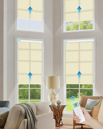 Motorized Light Filtering Roller Shades with Remote Control, Smart Blinds for Windows Compatible with Alexa Google via Hub, Rechargeable Electric Window Shade Customized Size (Beige)