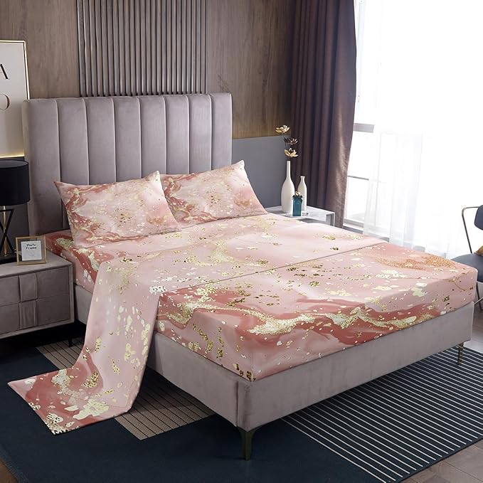 Manfei Pink Marble Kids Sheet Set Queen Size, Abstract Stone Texture Bed Sheet Set 4pcs (Fitted Sheet, Flat Sheet, 2 Pillowcases), Gold Glitter Marbling Bedding Set for Boys Girls Bedroom Decor