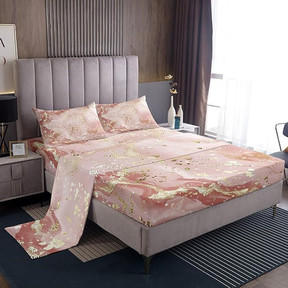 Manfei Pink Marble Kids Sheet Set King Size, Abstract Stone Texture Bed Sheet Set 4pcs (Fitted Sheet, Flat Sheet, 2 Pillowcases), Gold Glitter Marbling Bedding Set for Boys Girls Bedroom Decor
