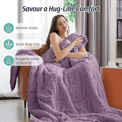 Wemore Weighted Blanket for Adults Twin Size 15 lbs, Dual Sided Soft Fuzzy Jacquard Sherpa Weighted Blankets for Sleeping, Cozy Fluffy Knitted Heavy Blanket for Couch Bed, Purple, 60 x 80 inches