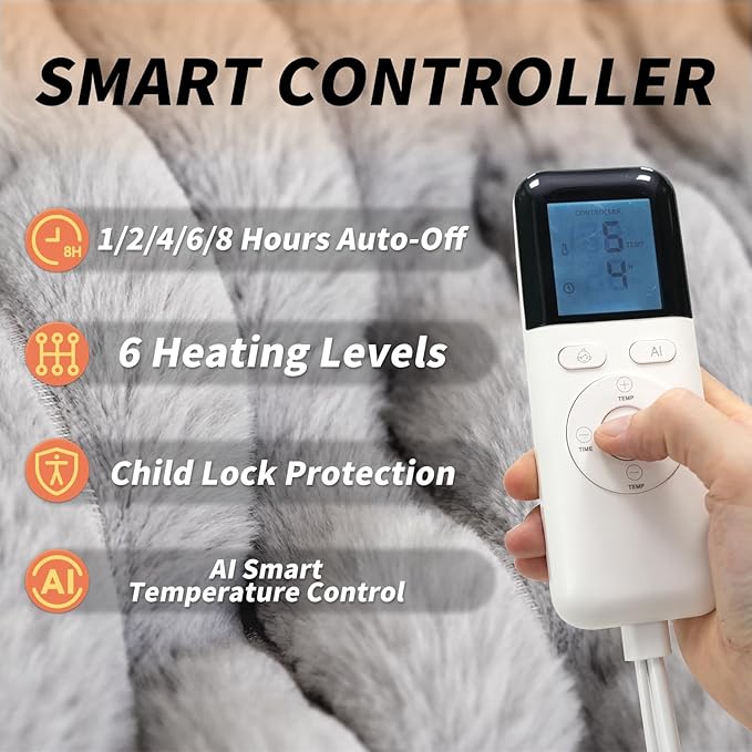 Heated Blanket Throw Size 50" x 60" Faux Fur & Sherpa Electric Blanket Throw with 6 Heating Levels & 1-8 Hours Auto Off, Soft Cozy Heating Blanket Machine Washable, Grey