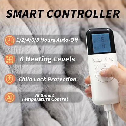 Heated Blanket Throw Size 50" x 60" Faux Fur & Sherpa Electric Blanket Throw with 6 Heating Levels & 1-8 Hours Auto Off, Soft Cozy Heating Blanket Machine Washable, Grey