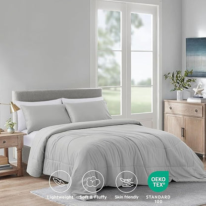 Zaizaihome Natural Bamboo Viscose Comforter Set King Size 3 Pieces, All-Season Soft Breathable Moisture-Wicking Quilt with Matching Pillowcases, Machine Washable, Quilted Fluffy Comforter (Gray)
