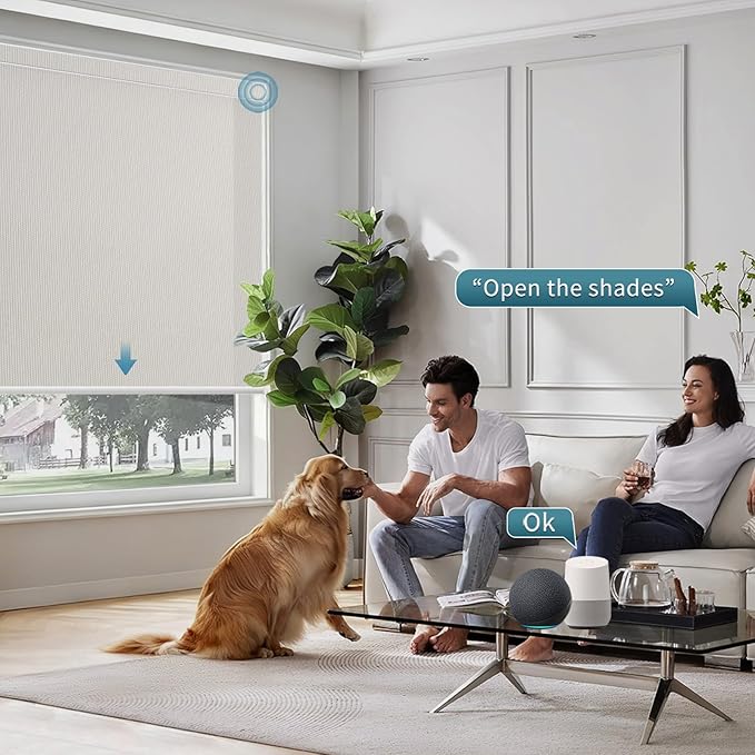 Motorized Light Filtering Roll Shades Work with HomeKit,1% Openness Smart Blinds for Windows, Electric Blinds with Remote, APP/Voice Control, Automatic Solar Shades,1% Openness Aventus Beige