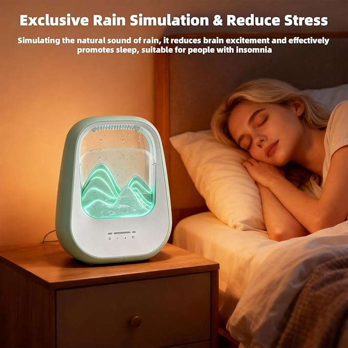 8-in-1 White Noise Sound Machine with Waterfall Design Essential Oil Diffuser Rain Sound Machine with Humidifier, Night Light, Help Stress Relief for Bedroom Office Decor Gift, Green