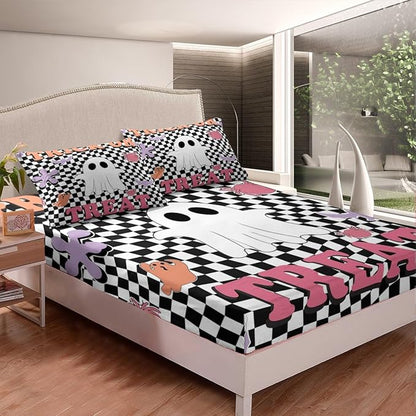 Halloween Fitted Sheet Queen Size,Cartoon Ghost Spider Bat Silhouette Soft Bed Cover(1 Fitted Sheet+1 Pillow Case),Trick or Treat Retro Black White Plaids Patchwork Breathable Mattress Cover