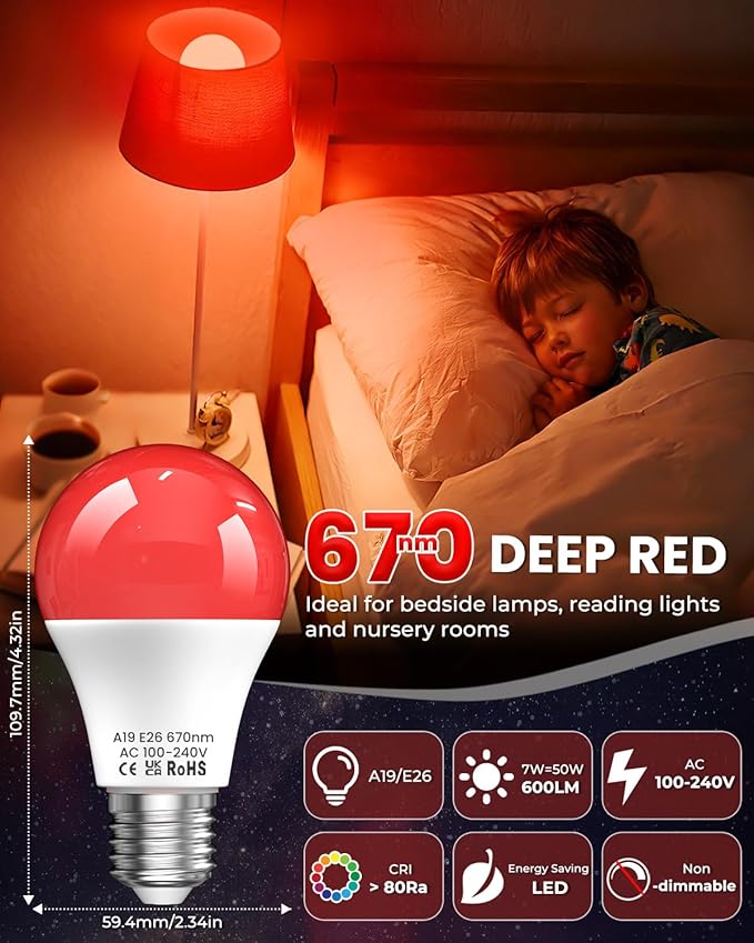 7W 670nm Red Light Bulb for Sleep, 100% Blue Light Blocking Red Night Light Bulbs for Melatonin Promote, A19 E26 50W Equivalent LED Red Bulb for Bedroom Lamp, Baby Nursery, Reading, 2-Pack