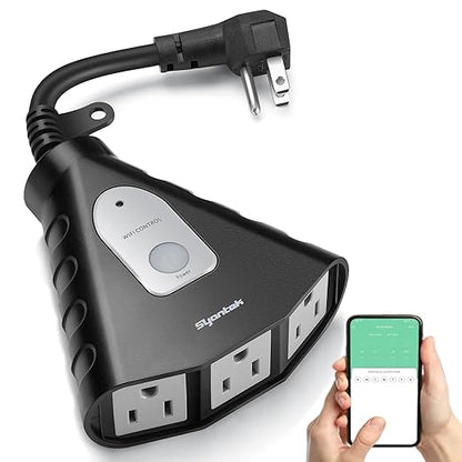 Outdoor WiFi Outlet, Outdoor Plug with 3 Ground Outlets, Compatible with Amazon Alexa, Google Assistant, Remote Control Outdoor Light Timer Outlet Waterproof, FCC Certified