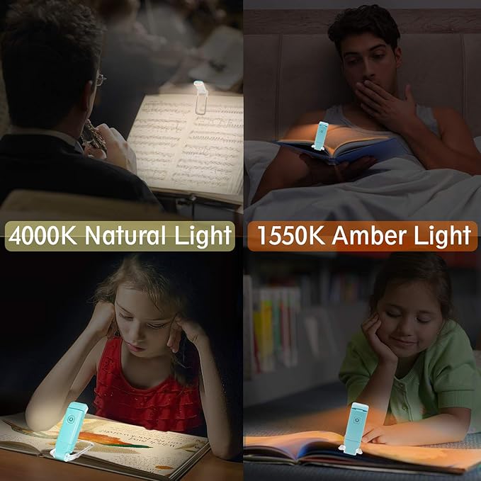 BIGLIGHT Amber Book Reading Light, LED Clip on Book Lights, Reading Lights for Books in Bed, Small Book Light for Kids, USB Rechargeable, 2 Brightness Adjustable for Eye Protection, Mint Green