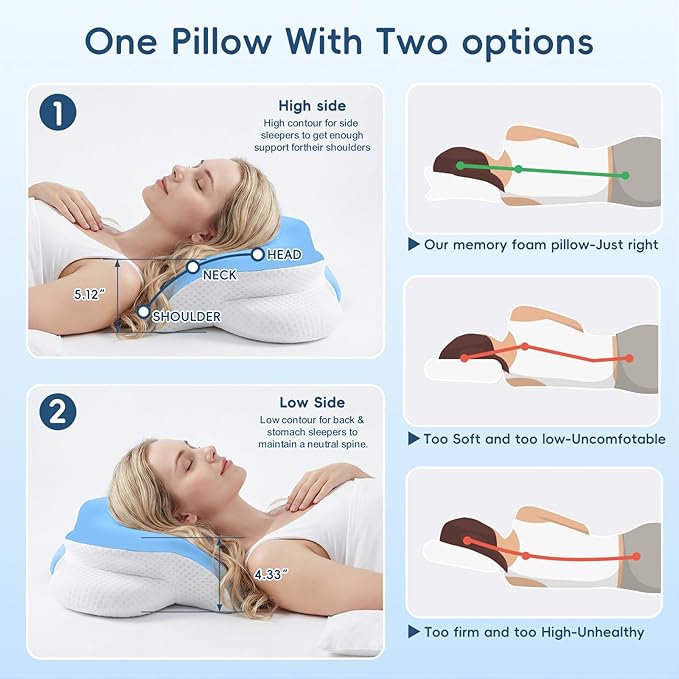 Cervical Neck Pillow for Pain Relief, Ergonomic Contour Pillow for Sleeping, 2 Heights Cooling Pillow for Neck and Shoulder Support, Memory Foam Orthopedic Pillow for Side Back Stomach Sleepers Blue