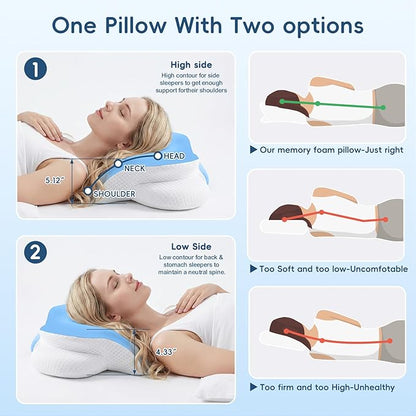 Cervical Neck Pillow for Pain Relief, Ergonomic Contour Pillow for Sleeping, 2 Heights Cooling Pillow for Neck and Shoulder Support, Memory Foam Orthopedic Pillow for Side Back Stomach Sleepers Blue