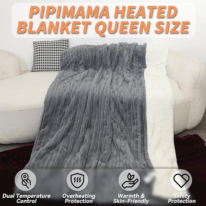 Heated Blanket Queen 84" x 90" Faux Fur & Sherpa Electric Blanket Queen Size with 10 Heating Levels & 1-12 Hours Auto Off, Soft Cozy Heating Blanket Machine Washable, Grey