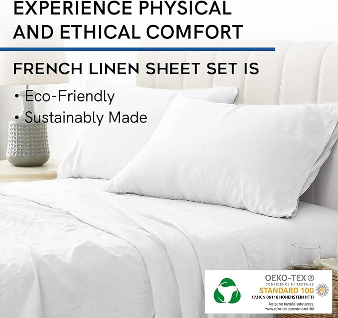YnM Linen Sheet Set - Cozy, Skin-Friendly, and Eco-Friendly Pure Linen Sheets Collection, 4-Piece Set Includes Flat Sheet, Fitted Sheet, and 2 Pillowcases – Full, White
