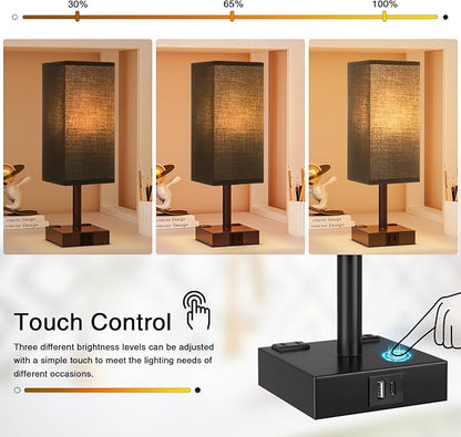 Touch Bedside Table Lamp for Nightstand - 3-Way Dimmable Night Lamp with USB A + Type C Charging Ports and Two AC Outlets, Small Desk Light with E26 LED Bulb for Bedroom Living Room Dorm Office,Black
