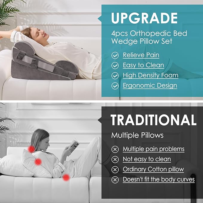 4Pcs Wedge Pillow Set for After Surgery,Acid Reflux Relief, Adjustable Bed Wedge Pillows for Sleeping,Anti Snore, Memory Foam Triangle Pillow for Back&Neck&Shoulder Pain Relief, Grey