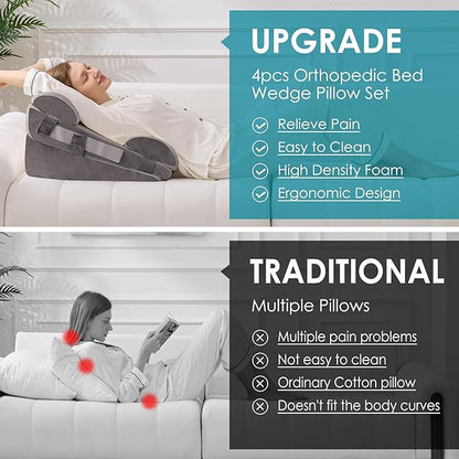 4Pcs Wedge Pillow Set for After Surgery,Acid Reflux Relief, Adjustable Bed Wedge Pillows for Sleeping,Anti Snore, Memory Foam Triangle Pillow for Back&Neck&Shoulder Pain Relief, Grey