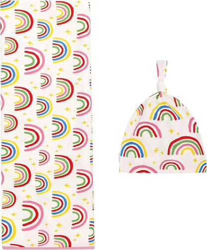 Newborn Swaddle Blanket with Hat Set,Unisex Baby Receiving Blanket Nursery Wrap for Girls and Boys, Viscose Made from Bamboo Rainbow One Size