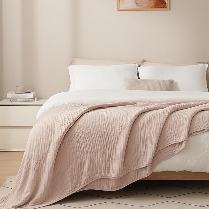 PHF Cooling Muslin Blanket Twin Size 60"x80", 6-Layer Lightweight Gauze Blanket Made from 35% Rayon Derived from Bamboo & 65% Cotton, Breathable & Ultra Soft Cozy for Hot Sleepers, Cameo Rose
