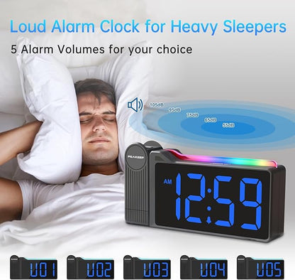 Peakeep Projection Alarm Clock for Bedroom Ceiling 180° Rotatable, Loud for Heavy Sleepers, Colorful Nightlight, 5 Brightness Dimmable Large Number Bedside Electric LED Digital Clock with USB Port