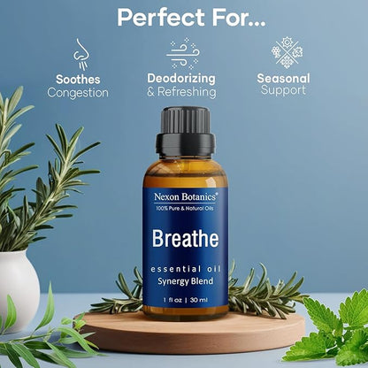 Breathe Essential Oil Blend 30 ml - Breath Sinus Relief with Menthol Oils - for Humidifiers, Diffusers, and Aromatherapy - Nexon Botanics (Pack of 2)