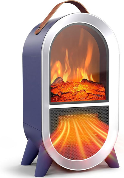 Portable Electric Fireplace Heater, 1500W/750W Mini Space Heater for Indoor Use with 3D Flame, Thermostat, Carry Handle, Overheat & Tipover Protection, for Home Office Bedroom Desk, Blue