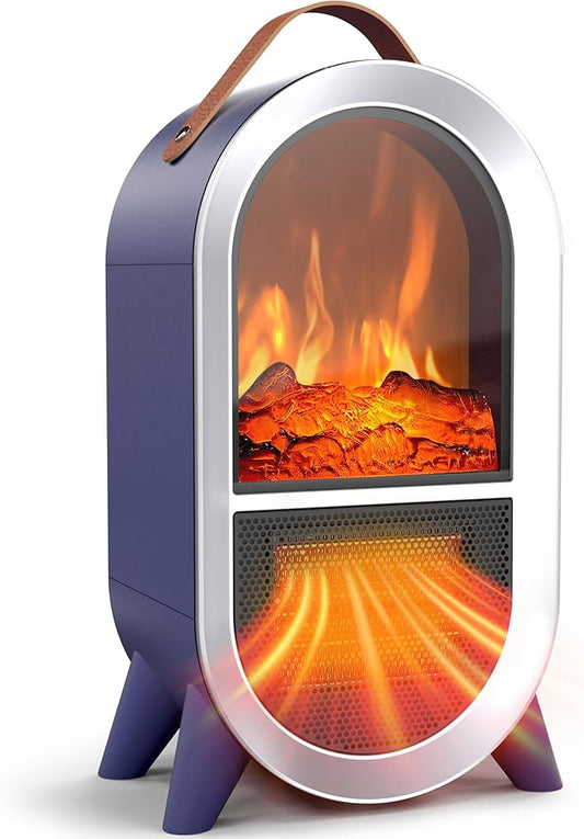 Portable Electric Fireplace Heater, 1500W/750W Mini Space Heater for Indoor Use with 3D Flame, Thermostat, Carry Handle, Overheat & Tipover Protection, for Home Office Bedroom Desk, Blue
