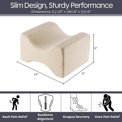 Remedy Knee Pillow for Side Sleepers - Contoured Memory Foam Leg Pillow for Back Pain, Spine Alignment, and Sciatica, Hip, and Joint Relief - Elevation Cushion with Washable Cover (Off-White)