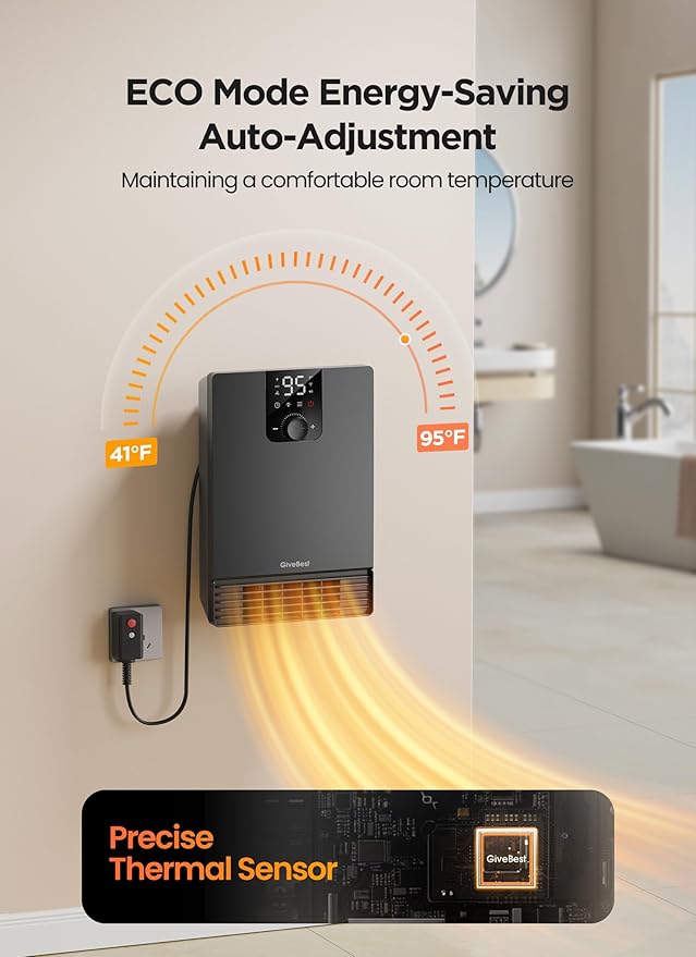 GiveBest Smart Wall Heater, 1500W Fast Heating Electric Space Heater for Indoor Use, 3 Heating Modes, Adjustable Thermostat, 24H Timer, Easy Mounted for Bedroom, Office, Home, Black