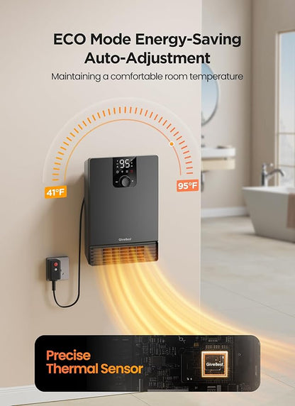 GiveBest Smart Wall Heater, 1500W Fast Heating Electric Space Heater for Indoor Use, 3 Heating Modes, Adjustable Thermostat, 24H Timer, Easy Mounted for Bedroom, Office, Home, Black