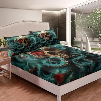 Skull Skeleton Fitted Sheet Full Size,Octopus Marine Life Ocean Animals Bedding Set,Boys Girls Room Decor,Happy Halloween Rose Flowers Trippy Bed Cover,Blue Gothic Bed Sheet,2 Pillowcases