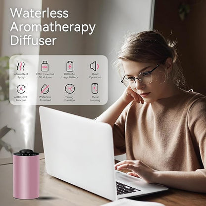 Waterless Essential Oil Diffuser Battery Operated Cordless Aromatherapy Diffuser with Timing & 3 Mist Levels car Diffuser，Black Aluminum Alloy (Pink)