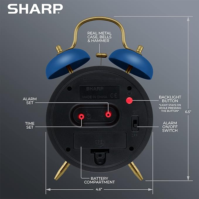 Sharp Twin Bell Alarm Clock, Loud Alarm Great for Heavy Sleepers - Stylish Matte Finish with Rustic Bronze Accents, Battery Operated (Matte Navy)