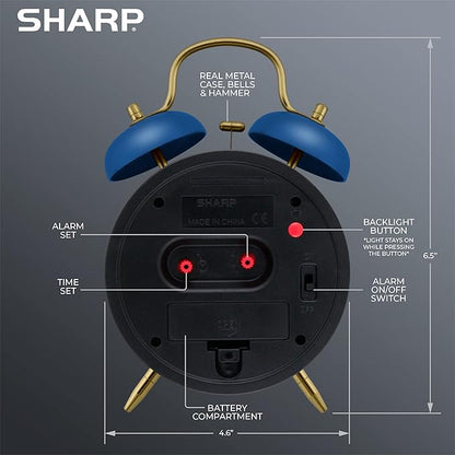 Sharp Twin Bell Alarm Clock, Loud Alarm Great for Heavy Sleepers - Stylish Matte Finish with Rustic Bronze Accents, Battery Operated (Matte Navy)
