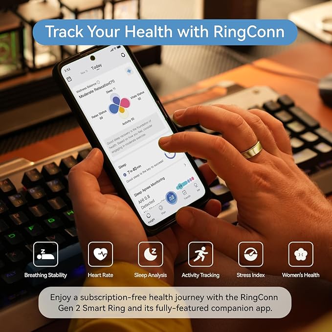 RingConn Gen 2, World’s First Smart Ring with Sleep Apnea Monitoring, No APP Subscription, 12-Day Battery Life, Stress/Heart Rate/Women's Health Tracker, Android & iOS Compatible (Gold, Size 9)