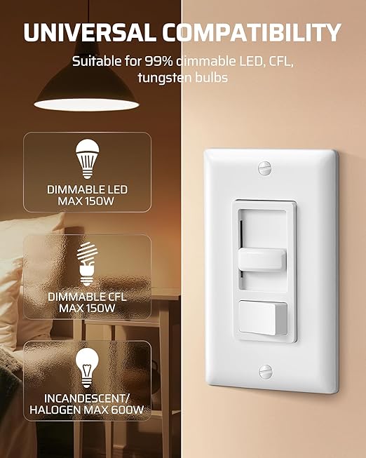 DEWENWILS Dimmer Switch for LED Lights, 600W Incandescent/Halogen and 150W CFL/LED, Single-Pole or 3-Way Dimmer Light Switch, ETL ＆ cUL Listed, White, 5 Packs