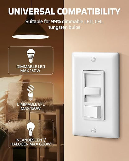 DEWENWILS Dimmer Switch for LED Lights, 600W Incandescent/Halogen and 150W CFL/LED, Single-Pole or 3-Way Dimmer Light Switch, ETL ＆ cUL Listed, White, 5 Packs