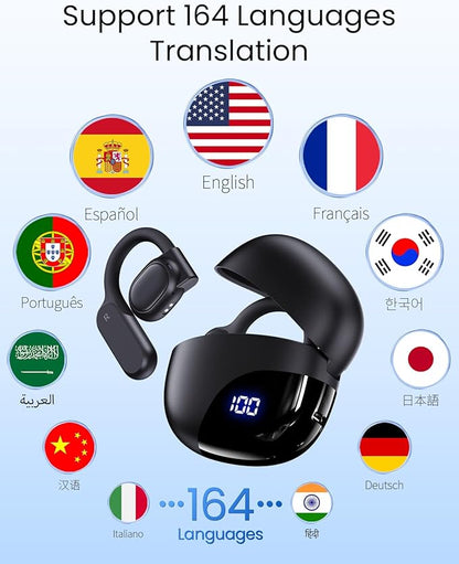 AI Translation Earbuds Real Time 164 Languages 80H Playtime Translator Ear Buds Audifonos Traductores Inglés Español Wireless Earphones Bluetooth AI Headphone for Travel Meeting Learning K08 Black