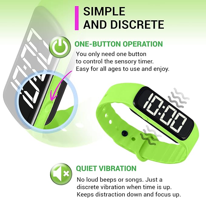 Sensory Wrist Timer for Kids, Teachers, Students, Simple Reminder Watch with Silent Alarm Clock Wristband, Classroom Countdown (Green)