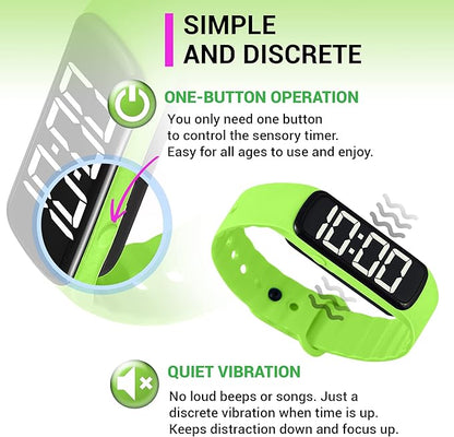 Sensory Wrist Timer for Kids, Teachers, Students, Simple Reminder Watch with Silent Alarm Clock Wristband, Classroom Countdown (Green)