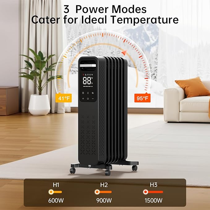 ZAFRO Oil Filled Radiator Heater, 1500W Energy Saving Space Heater with Curved Fin Design, Smart Touch Screen, ECO Mode & 24H On/Off Timer, Tip-Over & Overheat Protection for Bedroom Office Use, Black