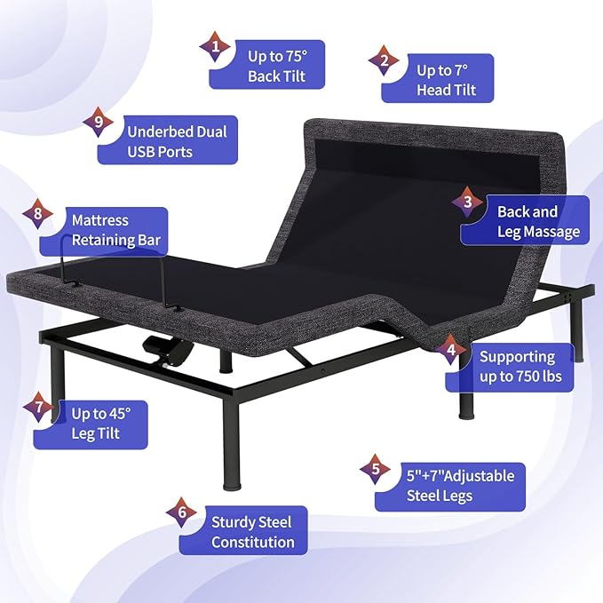 MUUEGM Queen Adjustable Bed Frame with Thickened Frame, Head and Foot Lift, Head-Pillow-Tilt, Adjustable Beds with Smart APP Control, Massage, Zero Gravity, Anti-Snore, Wireless Remote,USB Ports